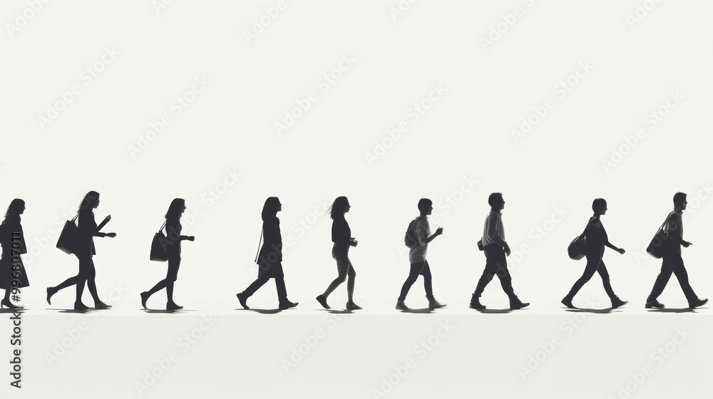 Poster dynamic and static human silhouettes in motion and rest against a clean white background