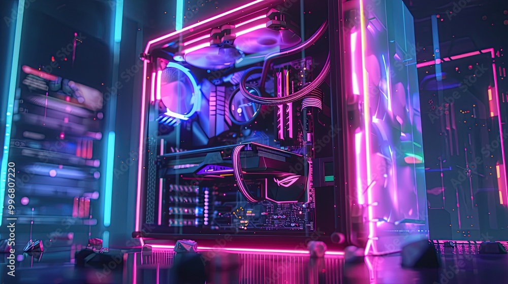 Poster a powerful gaming rig with rgb lighting and transparent casing showing internal components