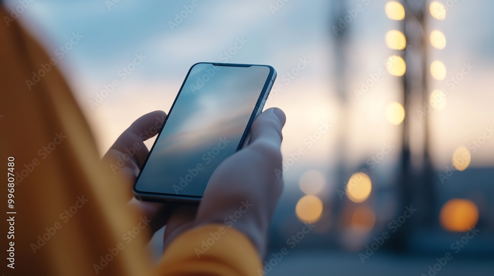 Wall mural close-up of a person using a smartphone at dusk, with city lights in the background, showcasing tech