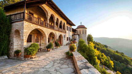 Obraz premium A majestic Bulgarian monastery perched on a mountain slope, with ancient frescoes and arched courtyards