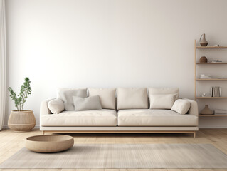Wabi sabi and japandi japanese style rustic interior in in white and neutral with wood, pottery and texture elements. Neutral color couch in beige living room.
