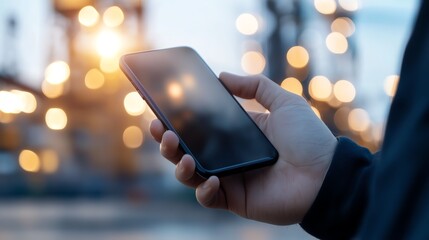 Close-up of a person holding a smartphone with blurred city lights in the background, showcasing modern technology and connectivity.