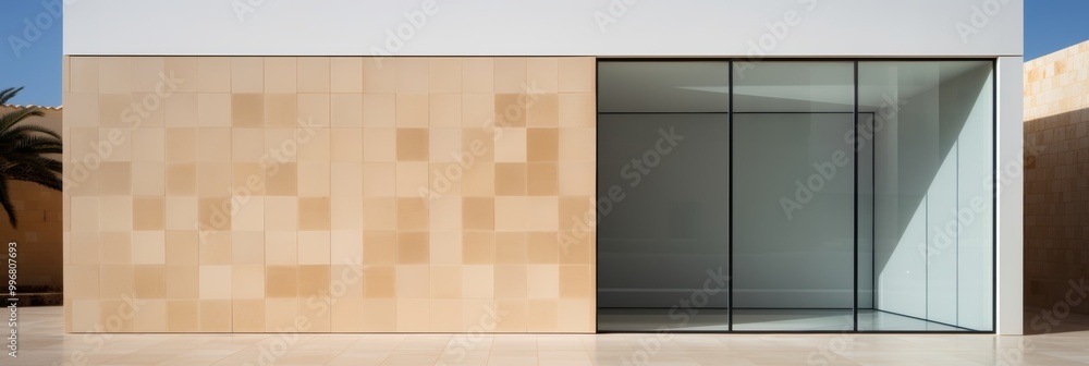 Poster modern architectural design featuring simple geometric shapes and large windows in urban setting