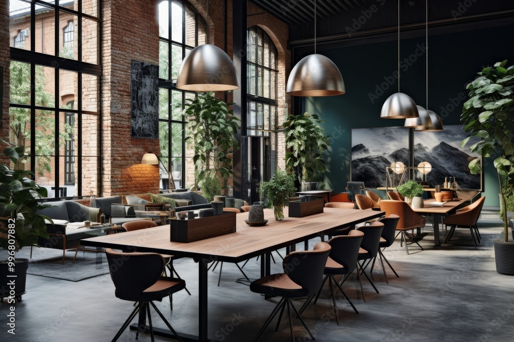 Aufkleber contemporary coworking spaces featuring functional design with simple desks and soft lighting