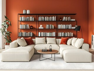 Cozy and Inviting Modern Living Room with Plush Sectional Sofa and Stylish Decor  Bright and Minimalist Space with Clean Lined Bookshelves and Stylish Central Coffee Table