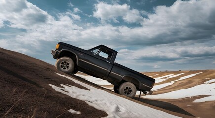 Rugged Black Pickup Truck Ascending Snowy Hill. Adventure Scene with Dramatic Sky and Seasonal Landscape