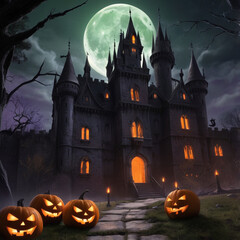 A Halloween Night scene with pumpkins and a house with a full moon behind it. 