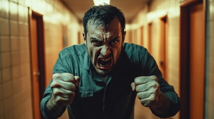 Obraz premium Angry Man Stands in Hallway with Fists Clenched