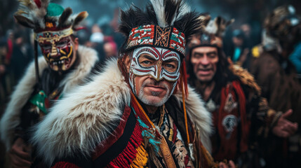Fototapeta premium The Kukeri festival in Bulgaria, where masked men in elaborate costumes dance to ward off evil spirits in a vibrant street festival