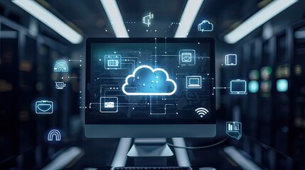 A computer screen displaying cloud storage options with data icons surrounding it. 