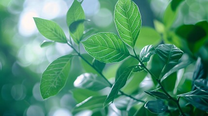 Fototapeta premium Abstract leaves in the background, a pattern that echoes nature's design. Bright green decoration, a representation of plant life.
