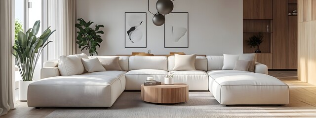 Cozy and inviting modern Scandinavian inspired living room with a large comfortable sectional sofa and minimalist stylish decor  The bright natural light floods the serene tranquil space