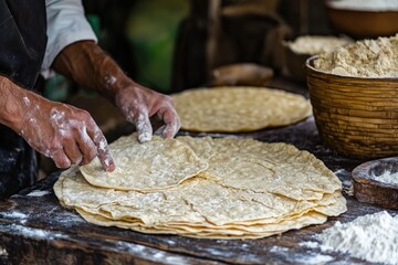 A baker makes fresh flatbreads. The photo captures the traditional process of creating flatbreads, perfect for showcasing baking techniques and ingredients.