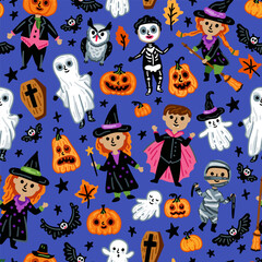 Seamless pattern of Halloween characters, Children in funny and scary witch, vampire and monster costumes background