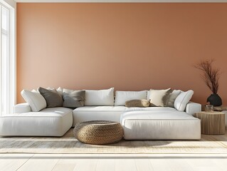 Cozy and inviting modern Scandinavian style living room with a large comfortable sectional sofa and minimalist stylish decor  The bright walls and natural light create a warm and serene atmosphere
