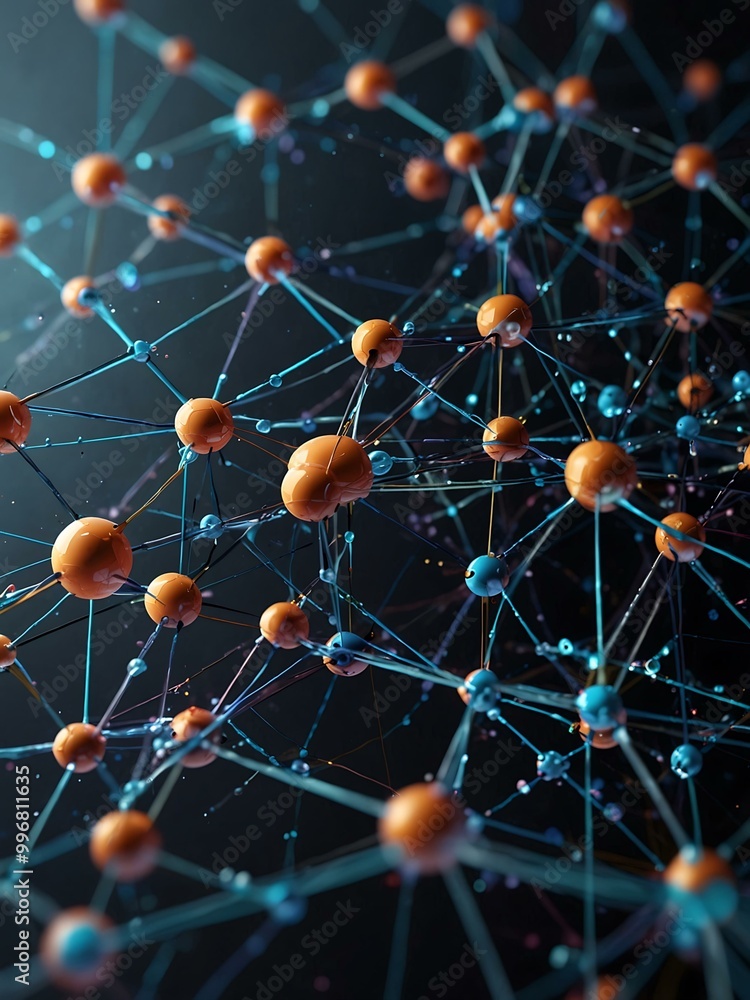 Poster 3d illustration of a global network with blockchain and neural networks.