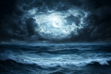 storm above the ocean in the night with a lot of waves