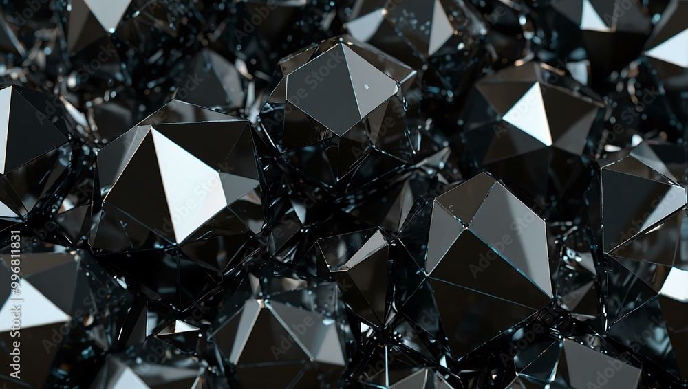 Poster 3d render of an abstract black crystal background with faceted texture.