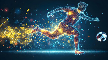Obraz premium Abstract Soccer Player Kicks Ball with Energy Trails on Dark Background