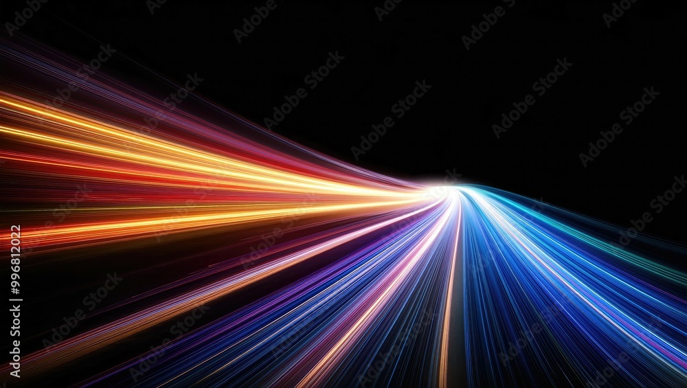 Poster a dynamic burst of colorful light beams radiating from a central point against a dark backdrop, crea