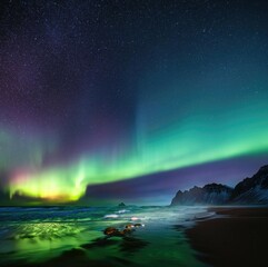 A breathtaking display of the Northern Lights illuminates a starry night sky over a tranquil beach with rocky cliffs in the background.