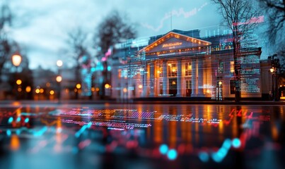 3D Bank Building with Glowing Financial Charts: A Modern Financial Hub