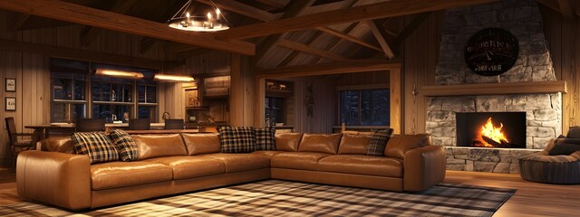 Cozy and inviting rustic cabin great room with a large leather sectional sofa stone fireplace exposed wooden beams plaid accents and a warm earthy color palette