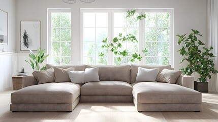 Cozy and inviting Scandinavian inspired modern living room featuring a plush L shaped sectional sofa in a neutral textile minimalist yet stylish decor with pops of greenery