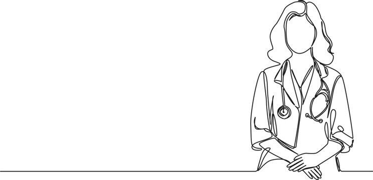 recommend clip art: continuous single line drawing of female general practitioner with stethoscope, line art vector illustration