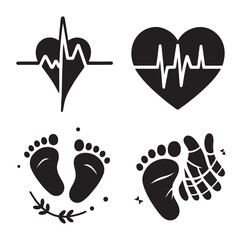 Set of heart pulse with heart and babys feet vector flat style silhouette vector illustration