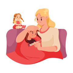 Parental Care for Sick Child with Woman Mom Sit at Daughter Bed Vector Illustration