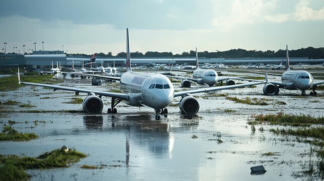 Flooded Airport Runway with Grounded Airplanes - Powered by Adobe