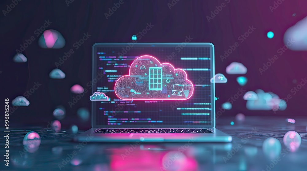 Poster an open laptop with a cloud symbol and floating data icons around it.