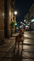 A stray dog wandering the city streets at night.