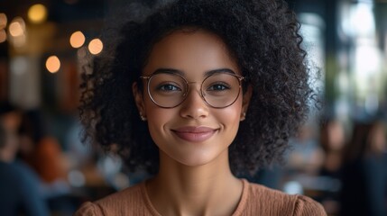Obraz premium A young woman with curly hair and glasses smiles brightly in a cafe.
