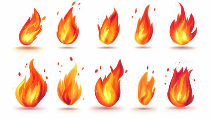 Ten Animated Fire Elements Burning Brightly on White