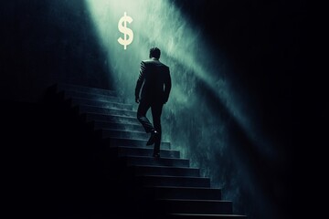 A person in a suit ascends dimly lit stairs towards a glowing dollar sign, symbolizing ambition and the pursuit of wealth in a dramatic setting