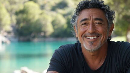 A relaxed Latino man smiles genuinely while experiencing the beauty of nature