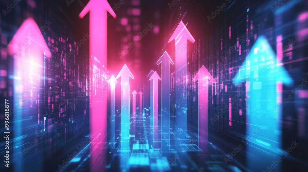 Poster an upward-pointing futuristic arrow representing growth, business development, and dynamic success o