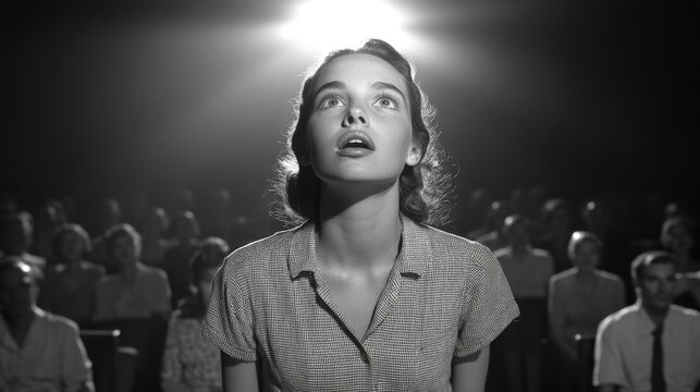 A young woman, dressed in 1950s fashion, gazes in awe at a film, surrounded by an audience