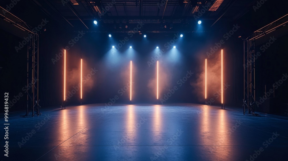 Poster an inviting performance area with a dark floor and colorful illumination.