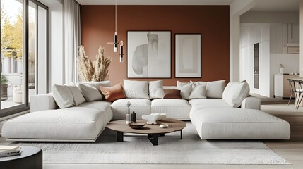Cozy and sophisticated 3D rendered living room showcasing a plush L shaped sofa natural light and a color accent wall  The space features minimalist Scandinavian inspired decor clean lines