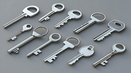 Naklejka premium A Collection of Ten Silver Keys on a Gray Surface, Each with Unique Designs and Details, Representing Security and Opportunity
