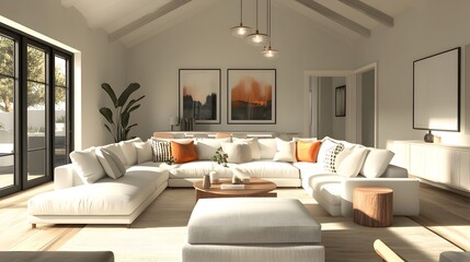 Fototapeta premium Cozy and Sophisticated Contemporary Living Room with Elegant Decor and Cinematic Lighting The space features a spacious U shaped sectional mid century modern flair