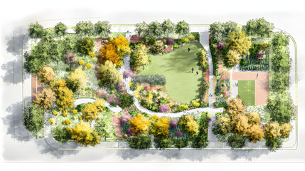 A lush garden with flowering trees, winding paths, and a tranquil pond, creating a picturesque landscape