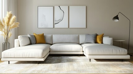 Cozy and sophisticated living room boasting a comfortable L shaped couch and streamlined minimalist furnishings  The color accents provide a warm welcoming touch