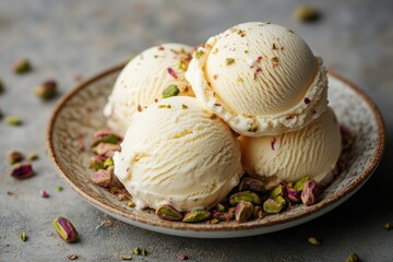 Vanilla ice cream scoops with pistachios. This photo showcases a delicious dessert perfect for representing the taste of vanilla ice cream and pistachios.