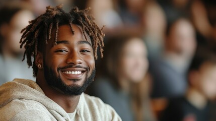 A joyful university student participates in a lively college lecture with peers