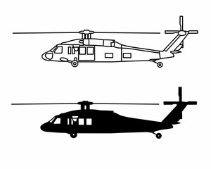 Black Hawk helicopter silhouette and sketch illustration 