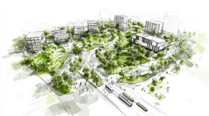 Fototapeta premium Urban planning sketch emphasizing sustainable design concepts.